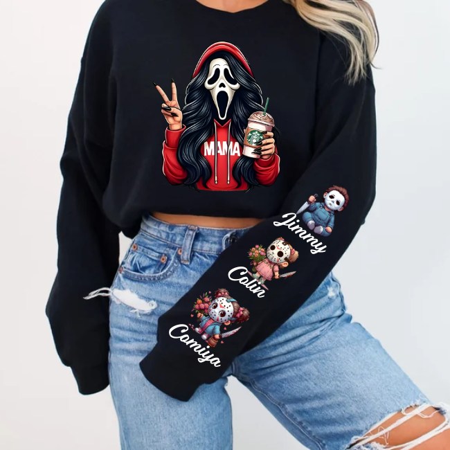 Custom Halloween Ghust Face MAMA Sweatshirt with Kid's Names/Pet's Names on the Sleeve