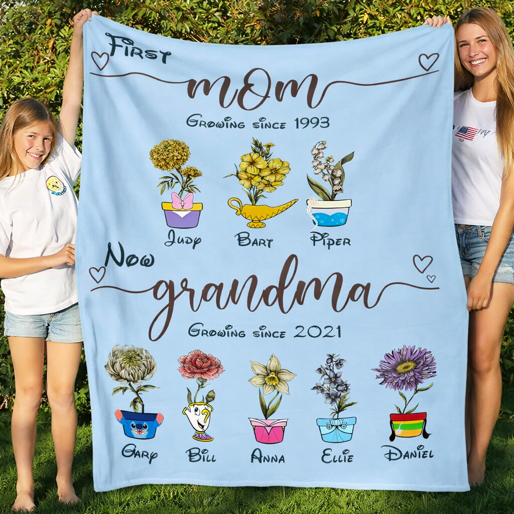 Personalized First Mom Now Grandma Birth Month Flower Blanket