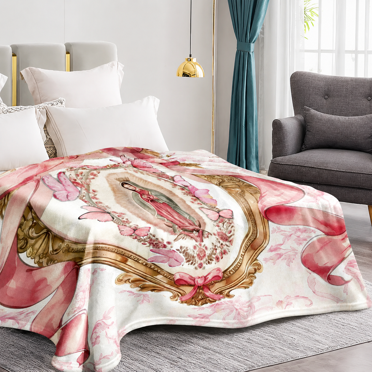 Virgin Mary Lady of Guadalupe Pink Bow Plush Blanket