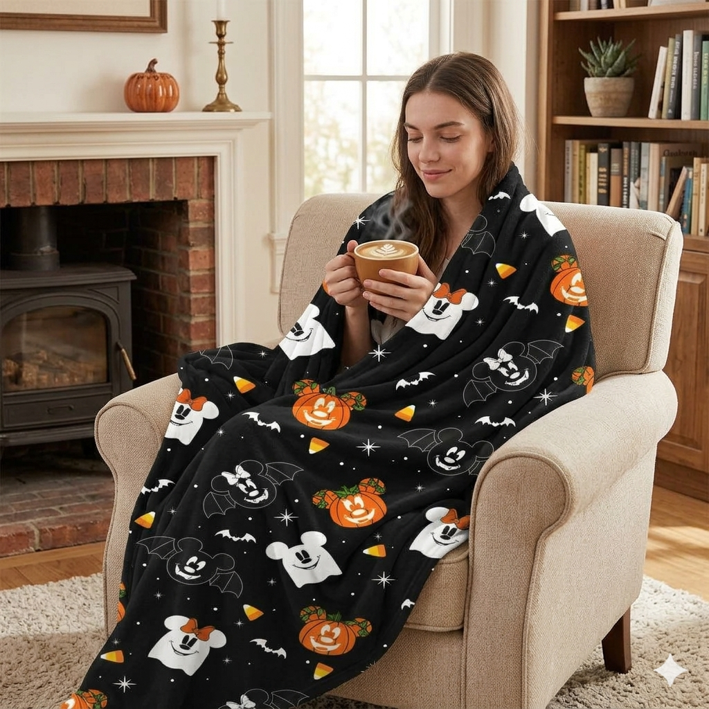 Spooky Cute Halloween Ghost & Jack-O'-Lantern Plush Blanket