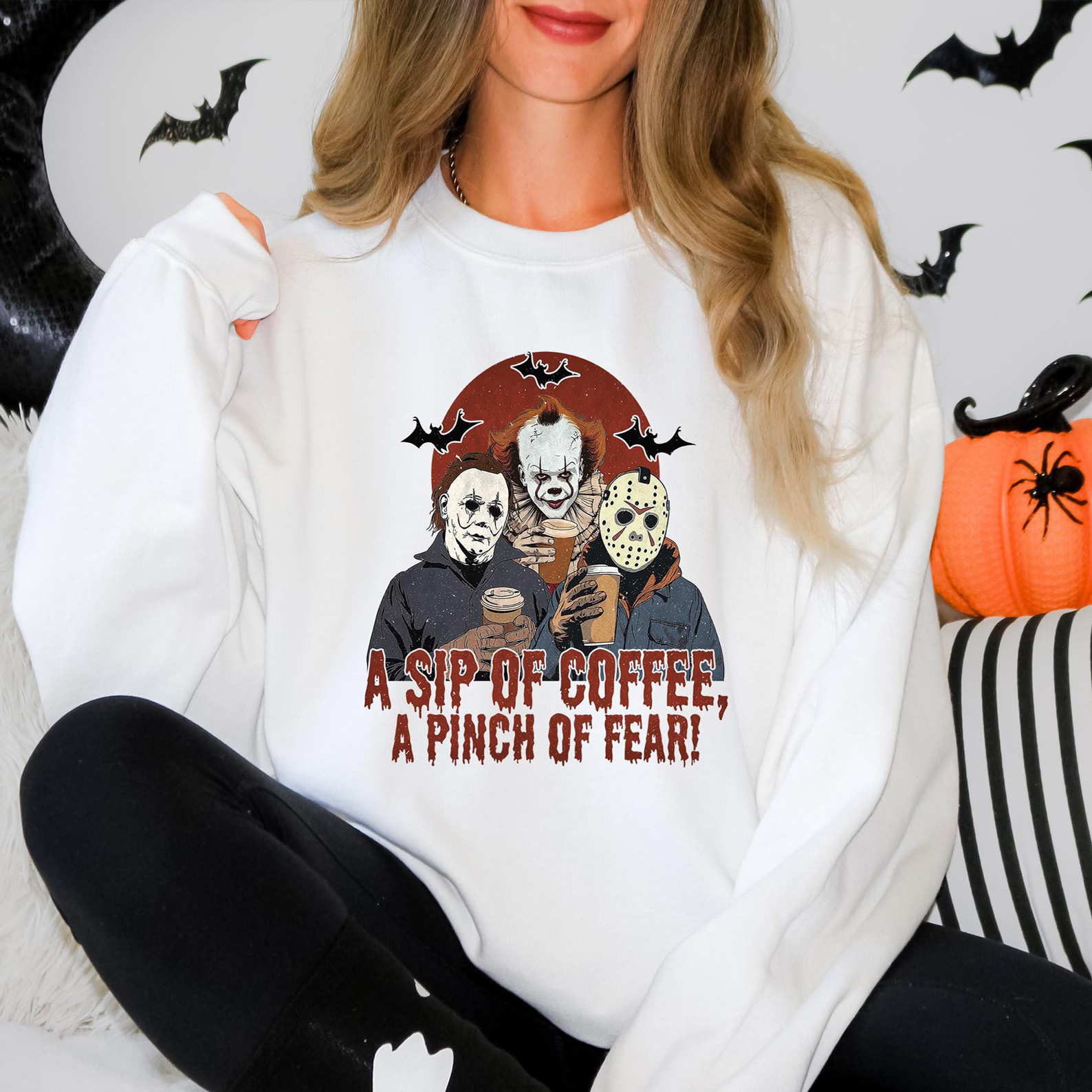 A Sip of Coffee A Pinch of Fear Sweater, Halloween Horror Characters T-shirt