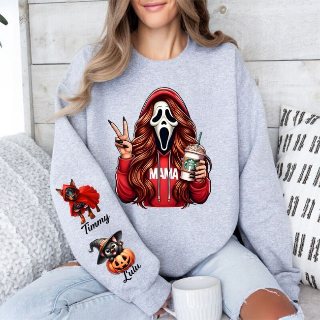 Custom Halloween Ghust Face MAMA Sweatshirt with Kid's Names/Pet's Names on the Sleeve