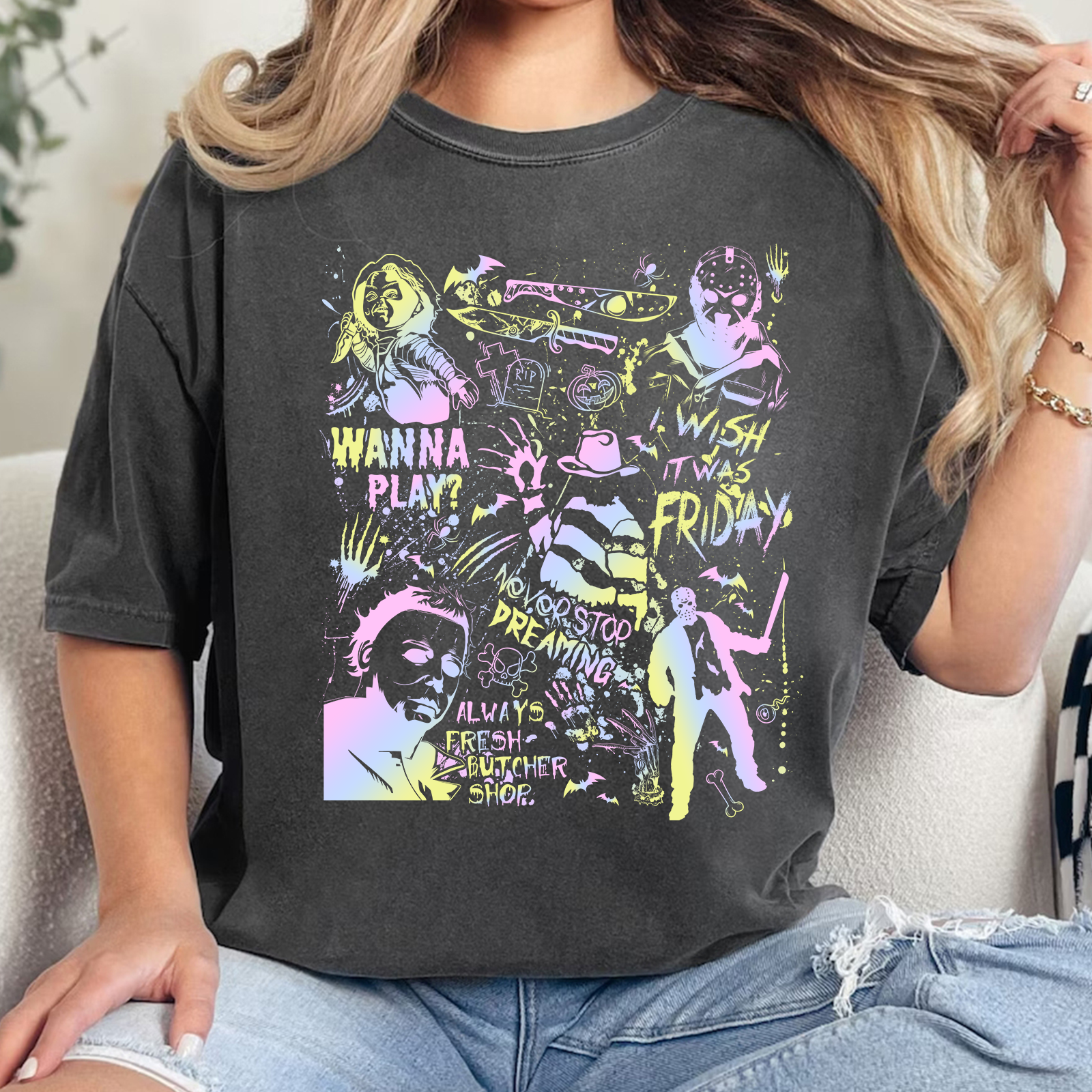 Neon Halloween Horror Characters Shirt