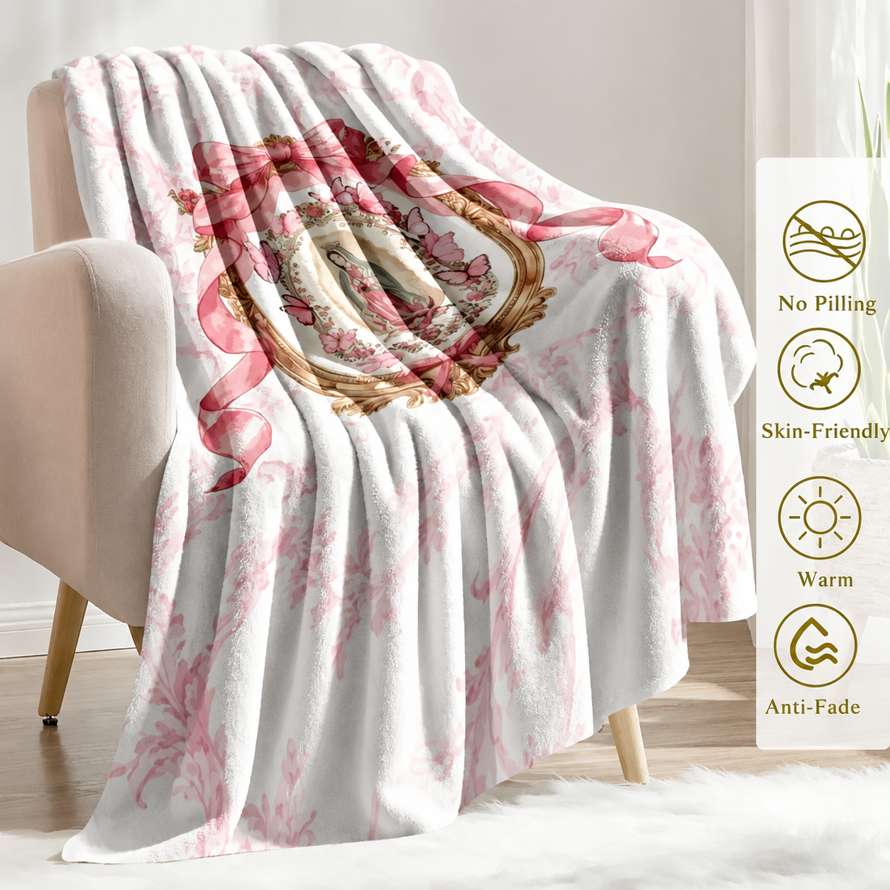 Virgin Mary Lady of Guadalupe Pink Bow Plush Blanket
