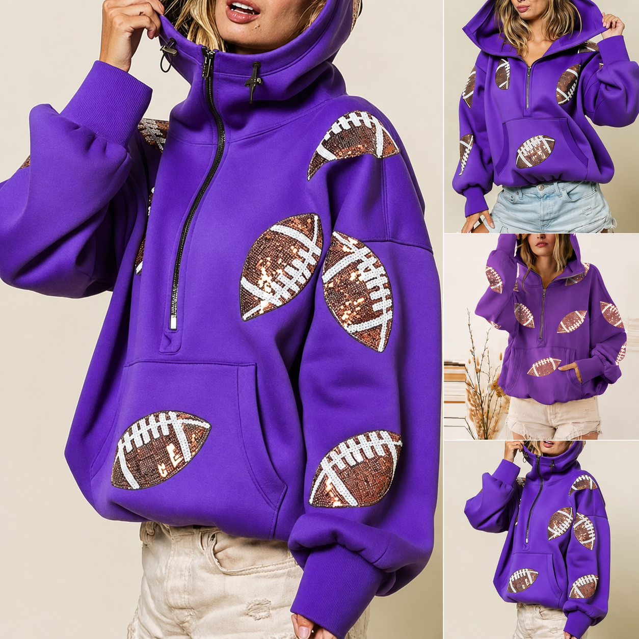 Game Day Sparkle - Sequin Football Half-Zip Hoodie