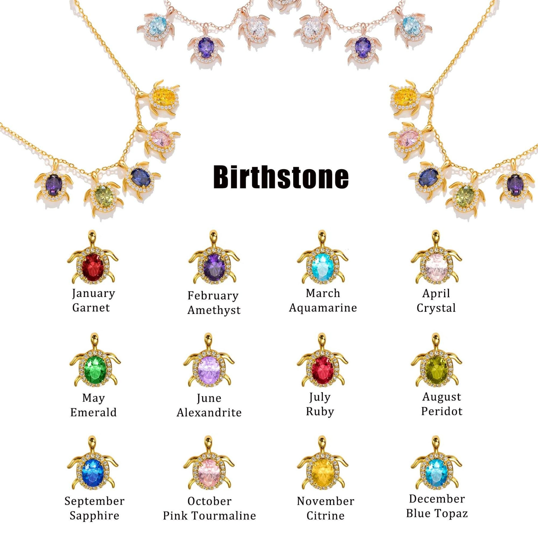 Personalized Turtle Birthstones Necklace