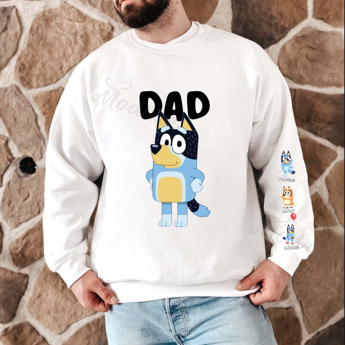 Custom Cartoon DAD Sweatshirt with Kid's Name on Sleeve