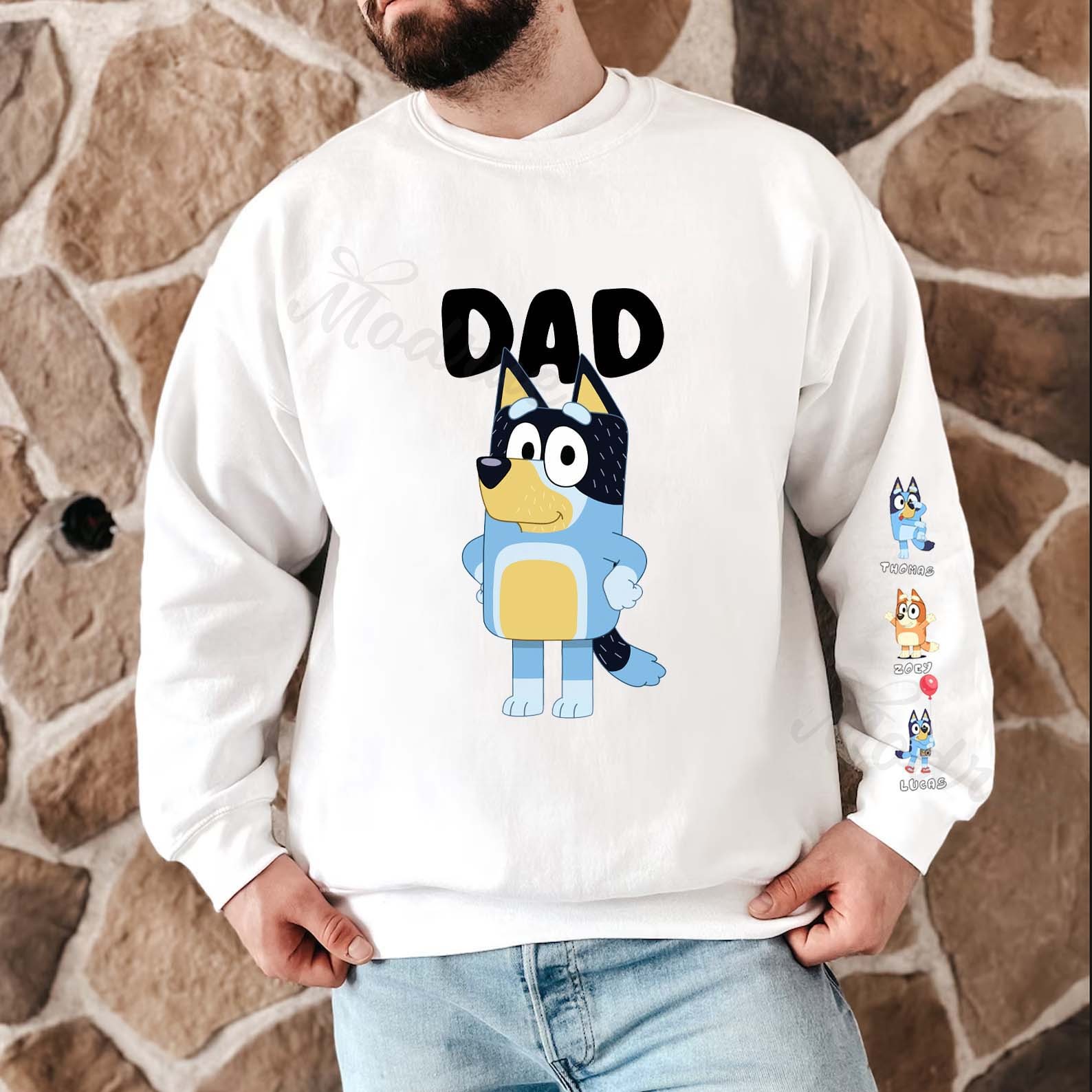 Custom Cartoon DAD Sweatshirt with Kid's Name on Sleeve