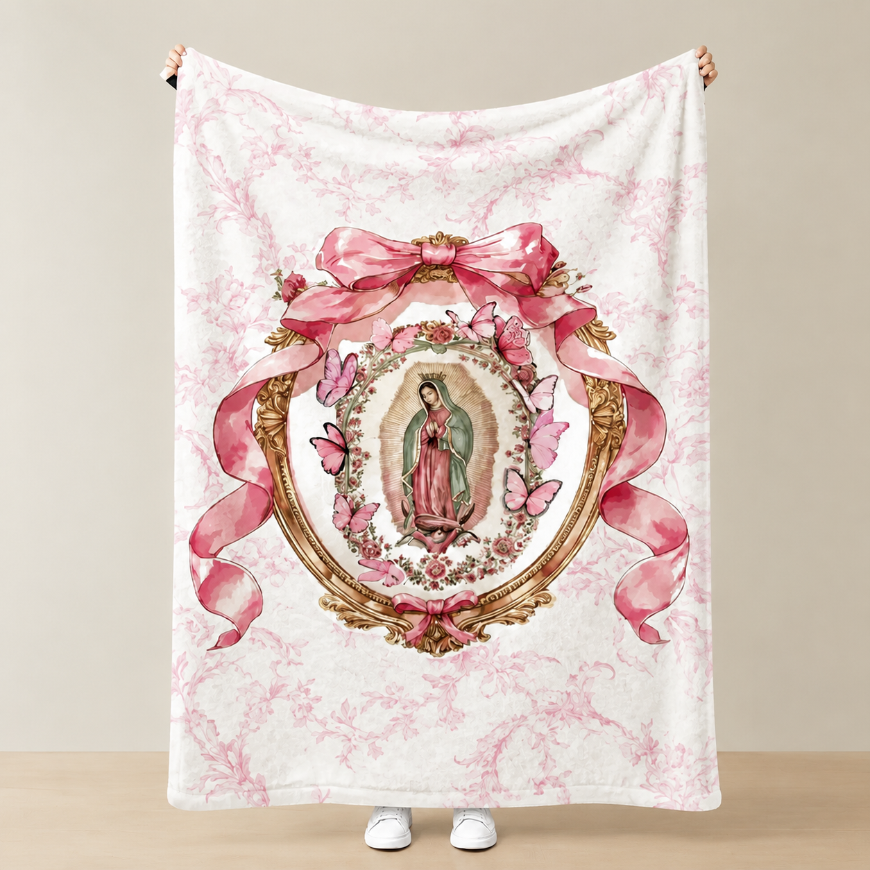 Virgin Mary Lady of Guadalupe Pink Bow Plush Blanket