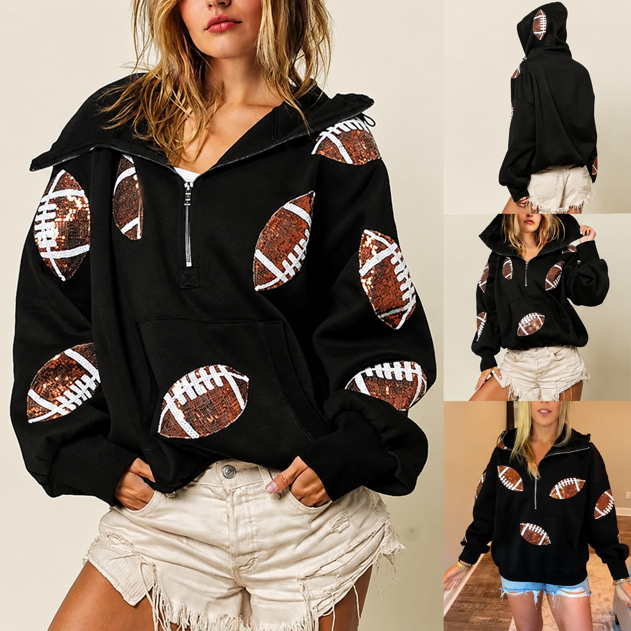 Game Day Sparkle - Sequin Football Half-Zip Hoodie