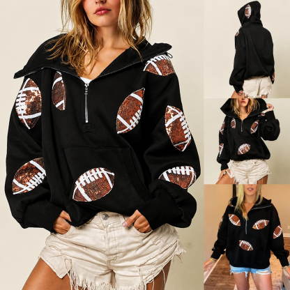 Game Day Sparkle - Sequin Football Half-Zip Hoodie