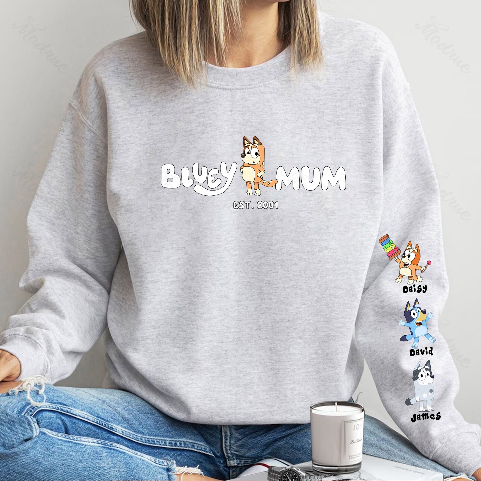 Custom Cartoon Mama Sweatshirt with Kid's Name on Sleeve