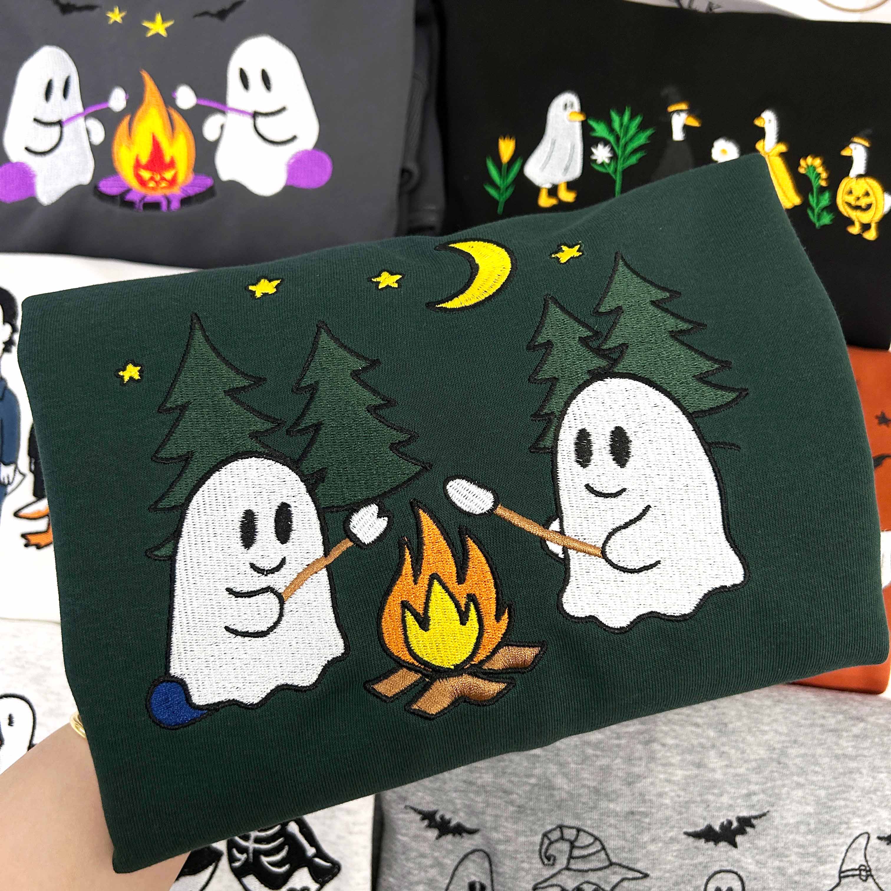 Cute Camping Ghosts Embroidered Shirt