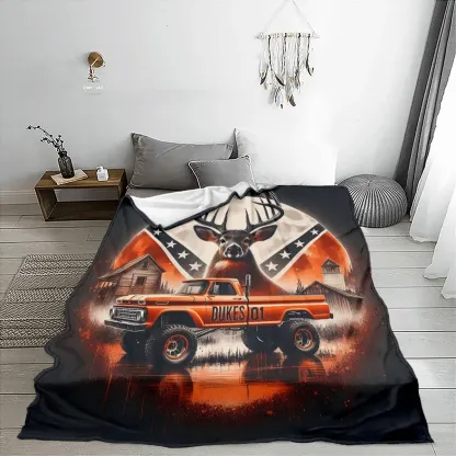 Deer Vintage Truck Flannel Blanket