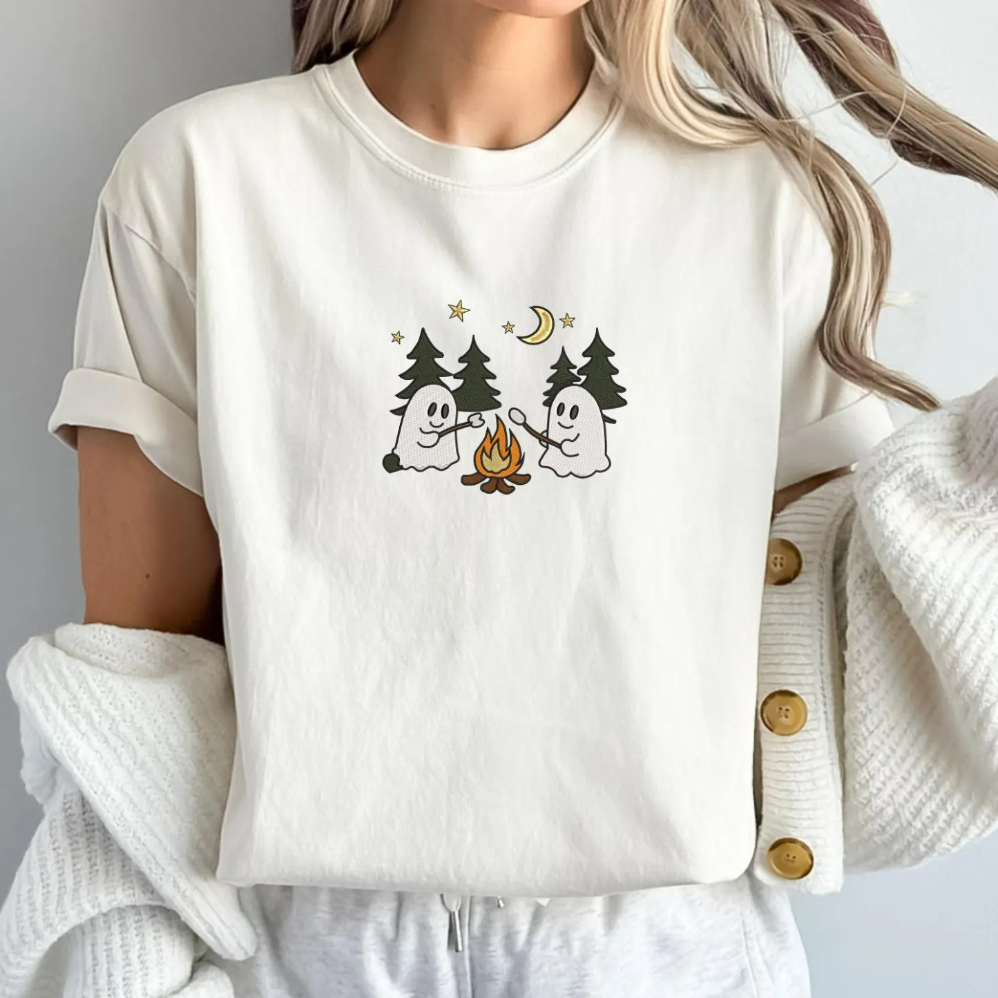 Cute Camping Ghosts Embroidered Shirt