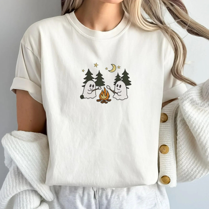 Cute Camping Ghosts Embroidered Shirt