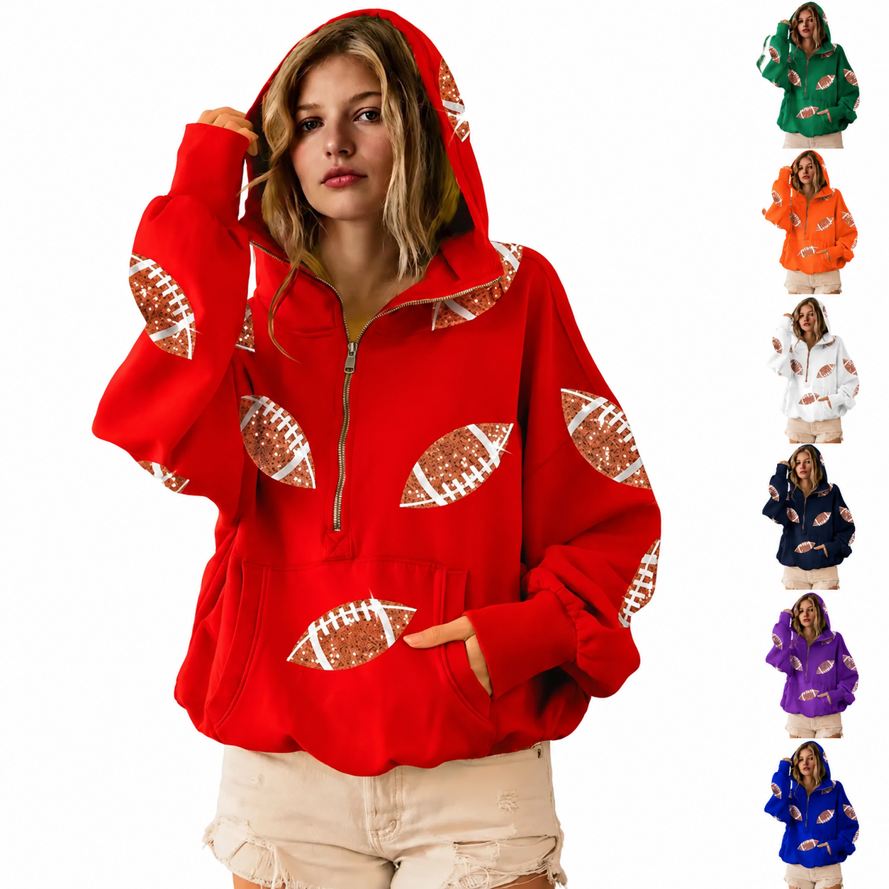 Game Day Sparkle - Sequin Football Half-Zip Hoodie