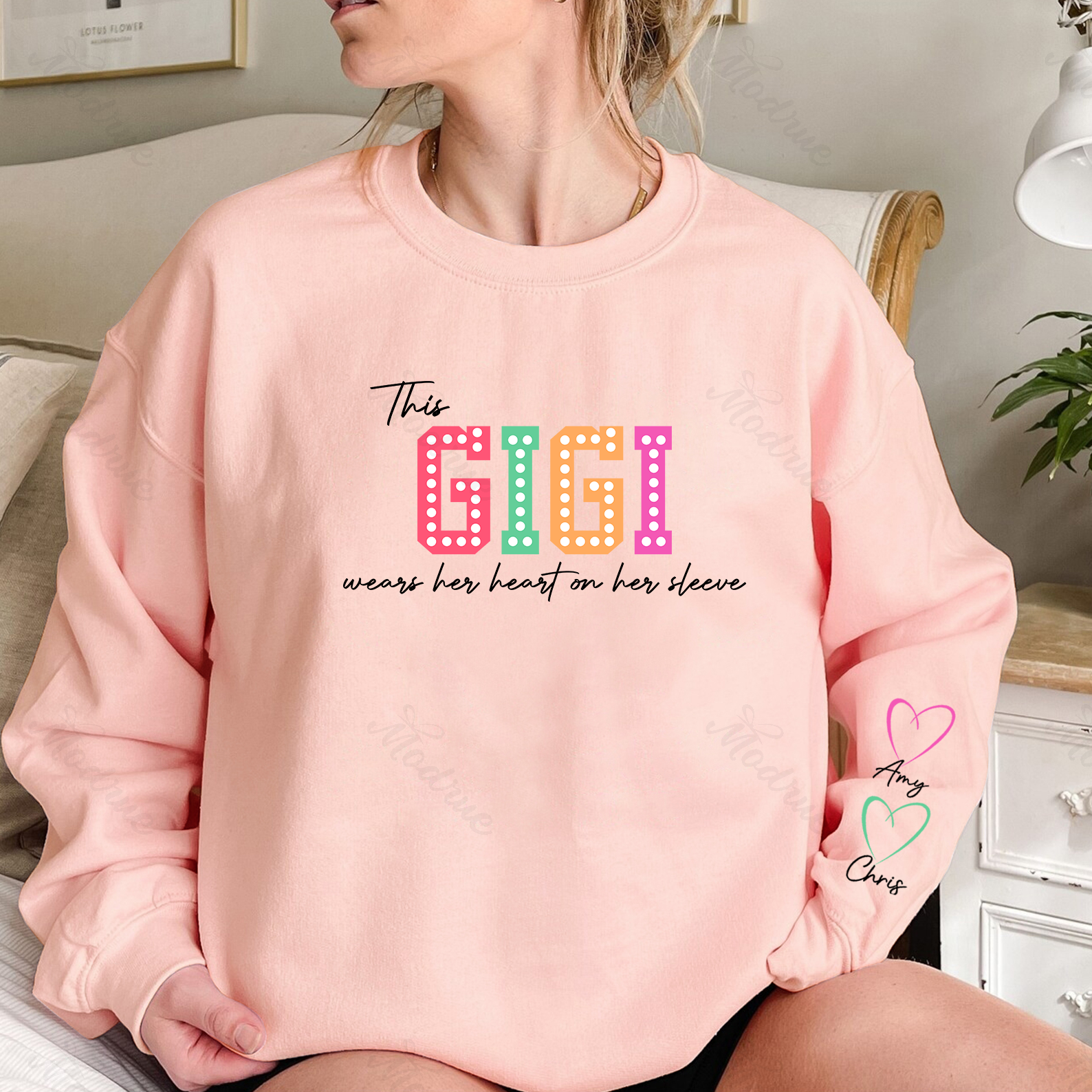 This Mama/Grandma/Nana Wears Her Heart on Her Sleeve Custom Kids Names Sweatshirt