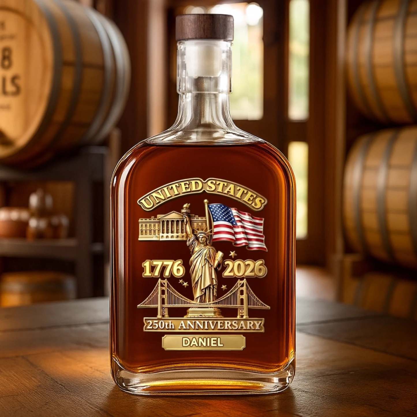 Custom America 250th Anniversary Whiskey Bottle – Personalized 1776–2026 Commemorative Gift for Men & Women