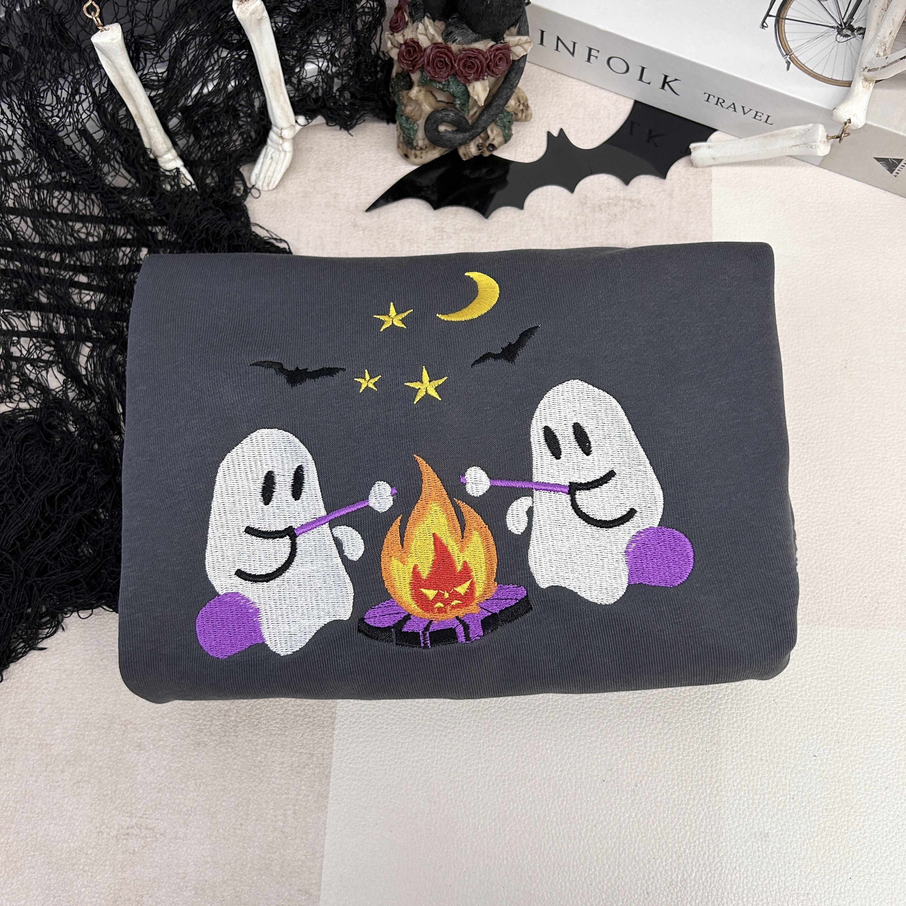 Embroidered Cute Ghost Camping Sweatshirt