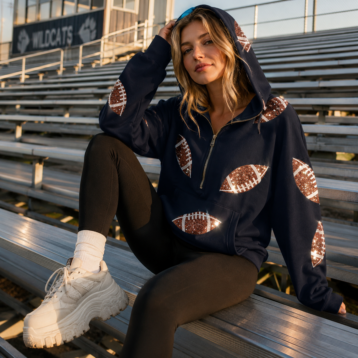 Game Day Sparkle - Sequin Football Half-Zip Hoodie