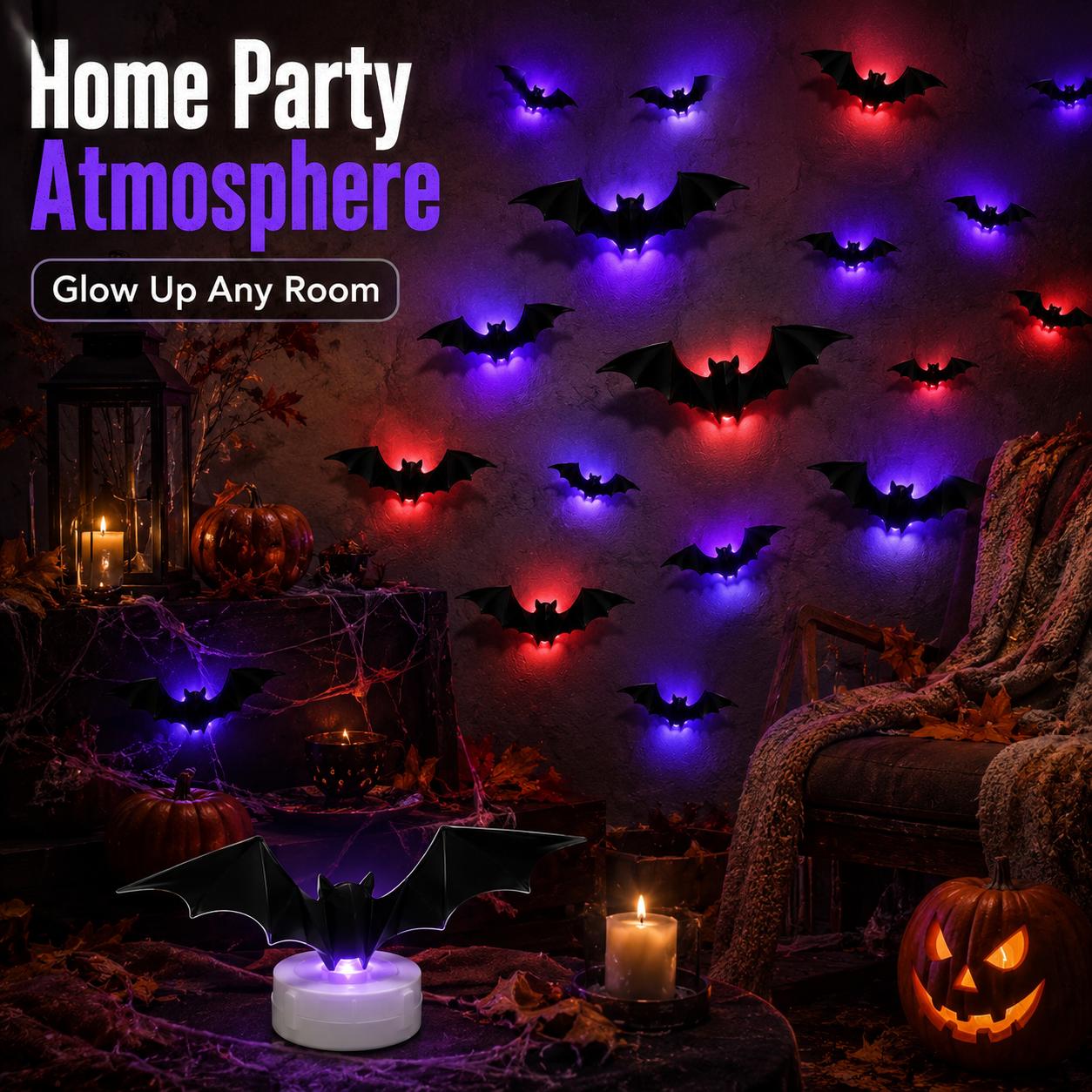 3D Bat Light LED Decorations, 12pcs/24pcs Halloween Spooky Ornaments, Bendable Wall Stickers with Smooth Bubble-Free Application, Easy Install Battery Powered Glowing Decor, Non-Remote Indoor Decor for Home, Party, Window, Door, Festival 3D Bat Light LED Decorations, 12pcs/24pcs Halloween Spooky Ornaments, Bendable Wall Stickers with Smooth Bubble-Free Application, Easy Install Battery Powered Glowing Decor, Non-Remote Indoor Decor for Home, Party, Window, Door, Festival