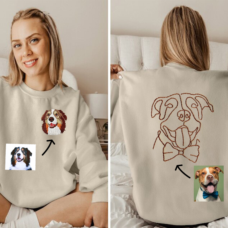 Custom Embroidered Pet Portrait Hoodie, Embroidered Pet Portrait on the Front and Back of Sweatshirt