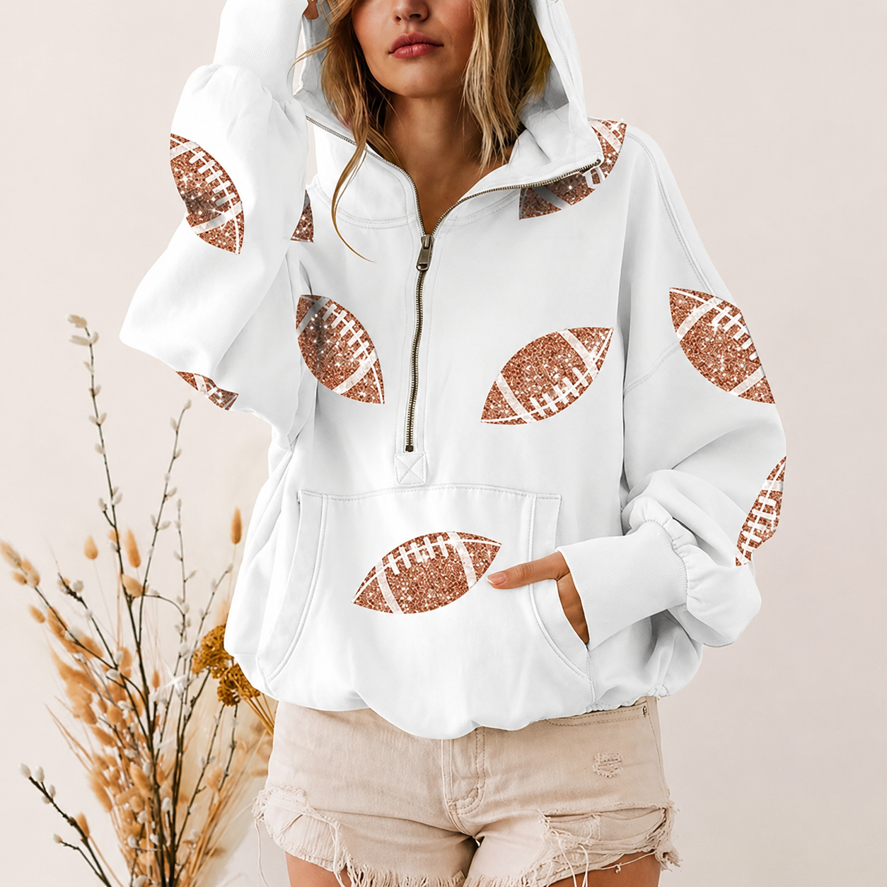 Game Day Sparkle - Sequin Football Half-Zip Hoodie