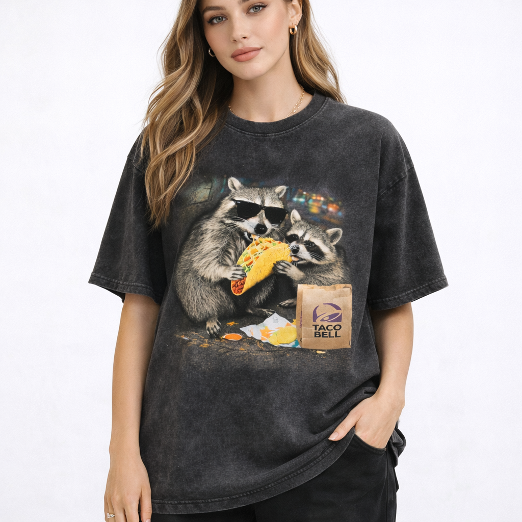 Vintage Late Night Tacos Raccoon Graphic Tee - Midnight Snack Trash Raccoon Shirt