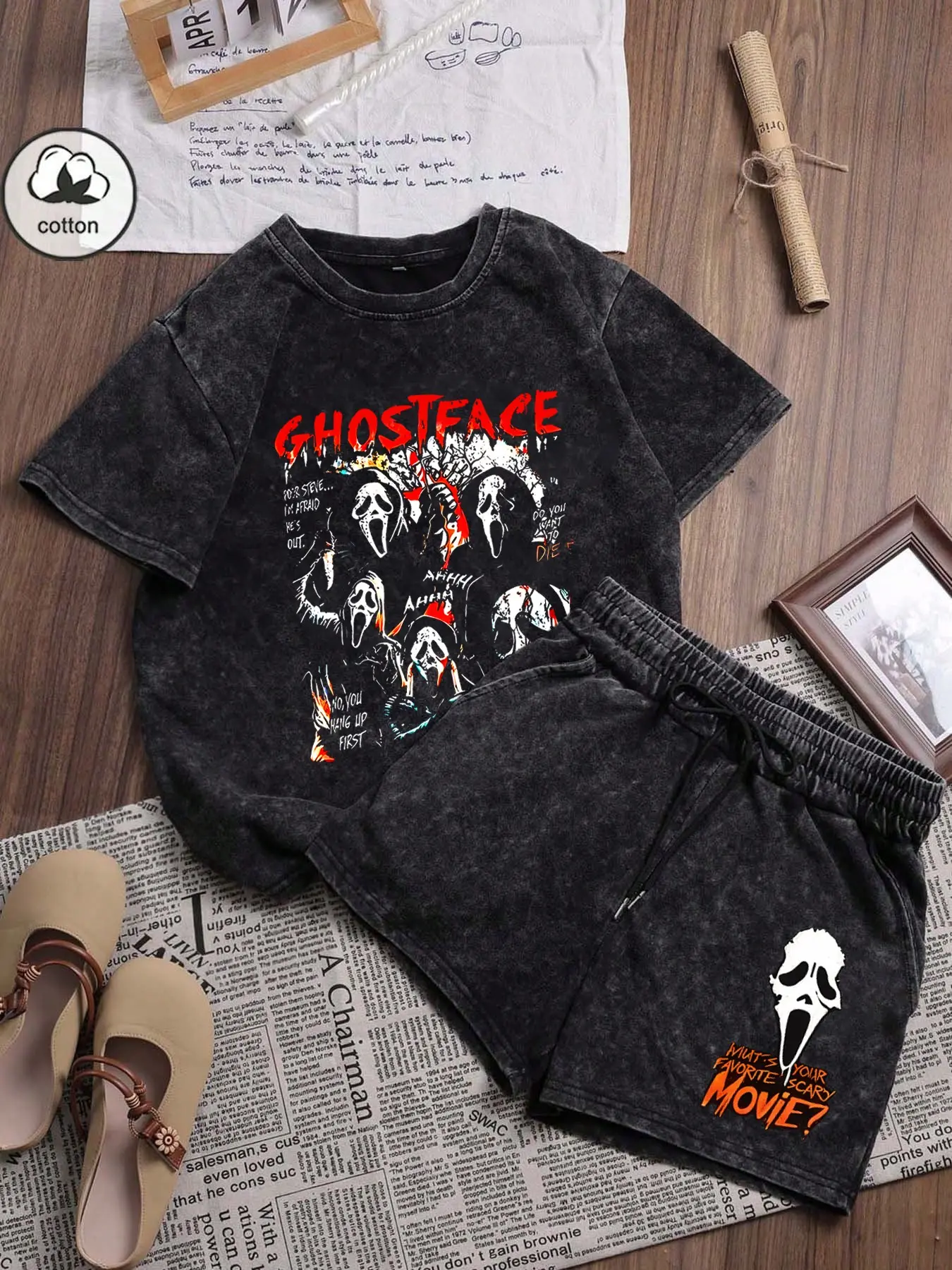 Ghost Face Print Casual Fitted Washed Two-Piece Set