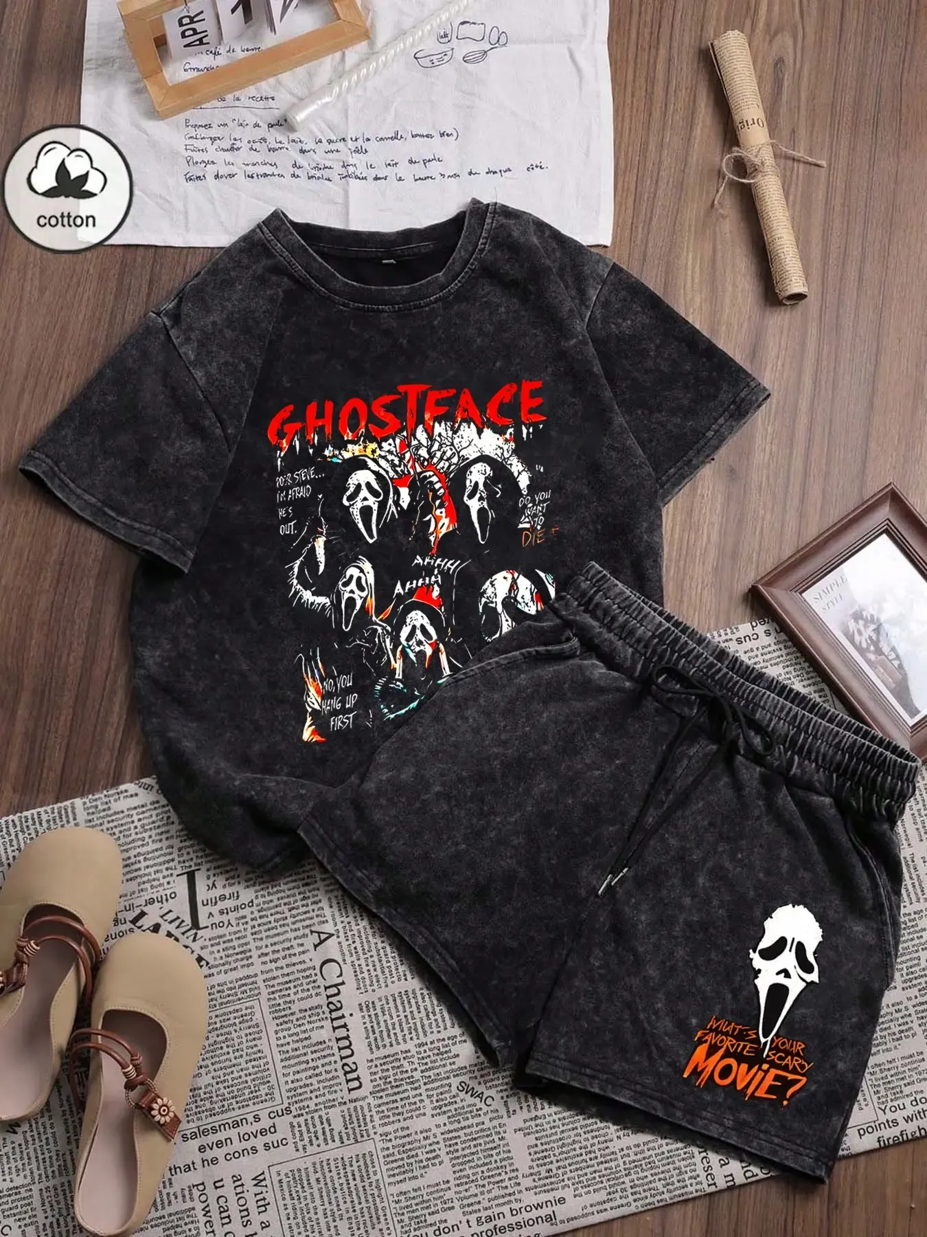 Ghost Face Print Casual Fitted Washed Two-Piece Set