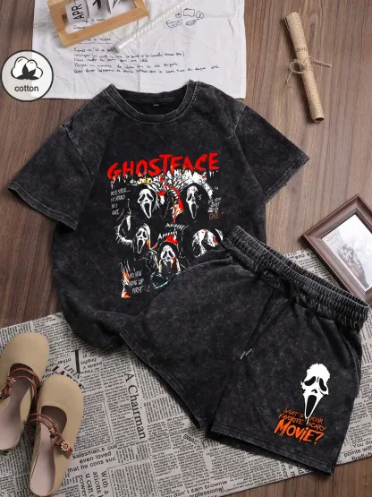 Ghost Face Print Casual Fitted Washed Two-Piece Set