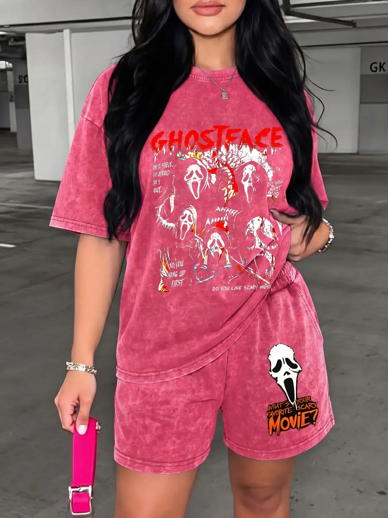 Ghost Face Print Casual Fitted Washed Two-Piece Set