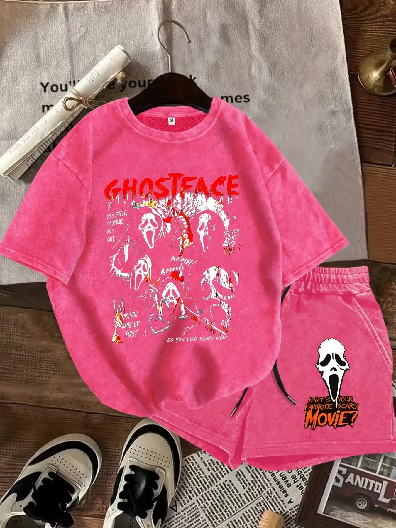 Ghost Face Print Casual Fitted Washed Two-Piece Set