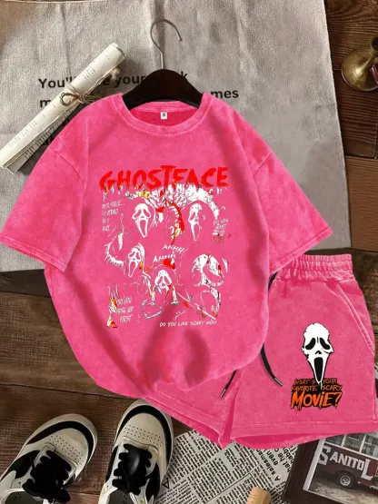 Ghost Face Print Casual Fitted Washed Two-Piece Set