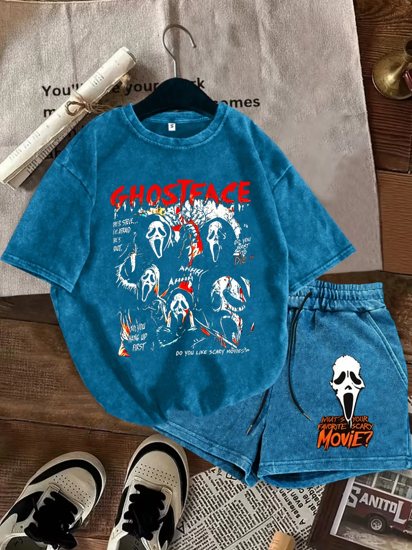 Ghost Face Print Casual Fitted Washed Two-Piece Set