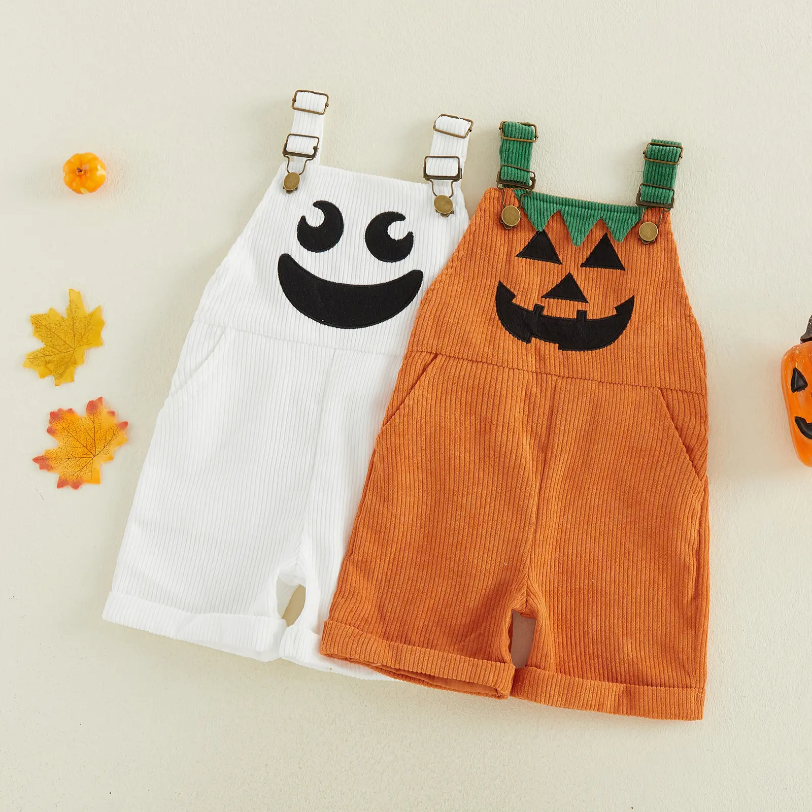Toddler Halloween Ribbed Pocket Ghost Pumpkin Overalls