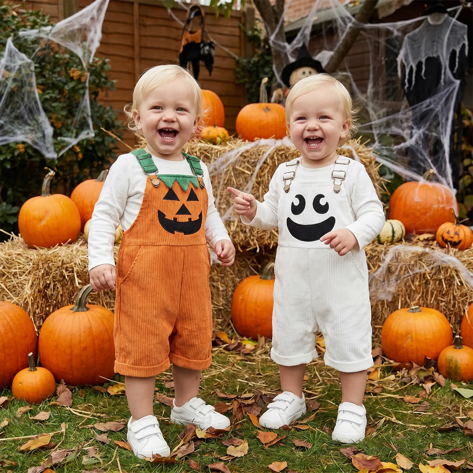 Toddler Halloween Ribbed Pocket Ghost Pumpkin Overalls