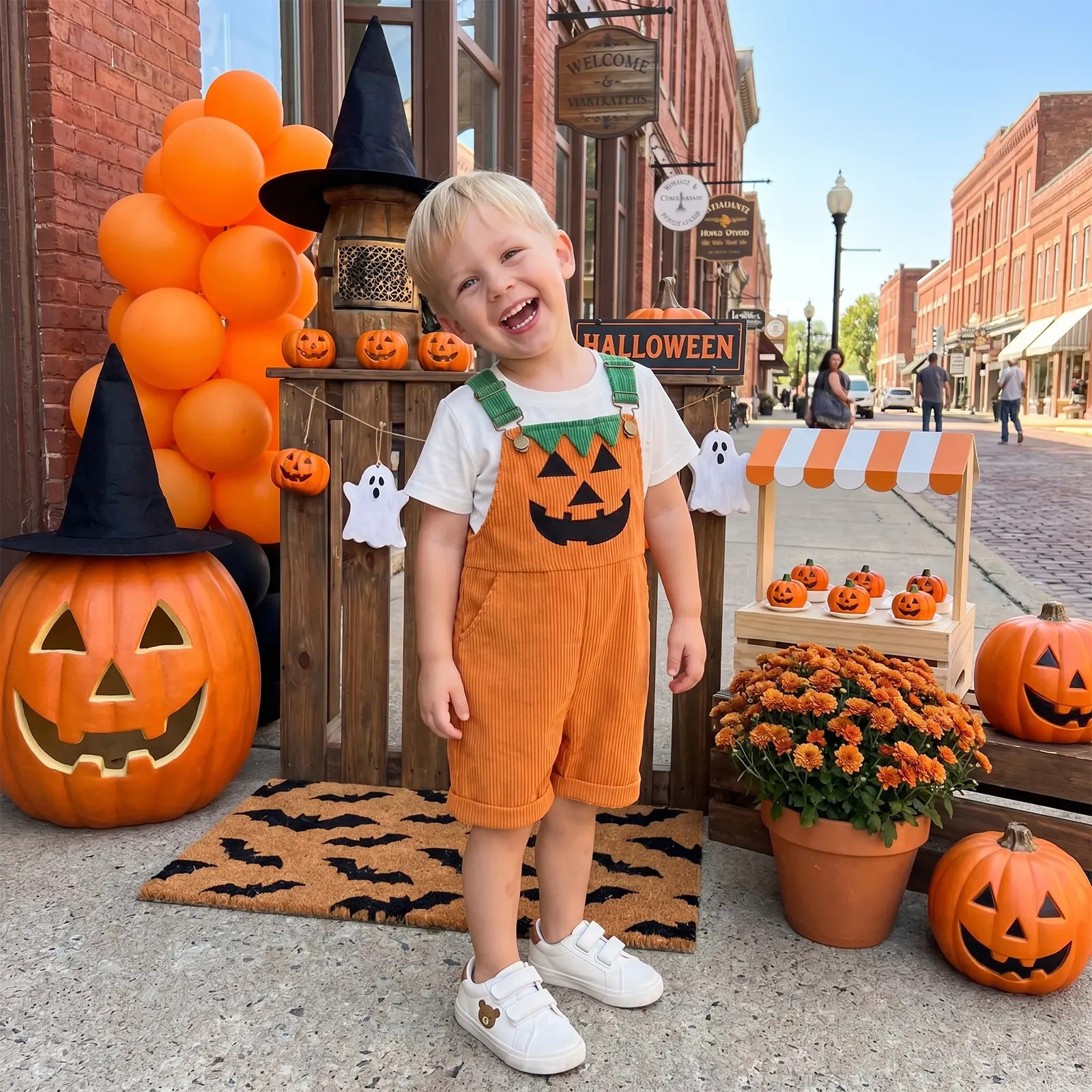 Toddler Halloween Ribbed Pocket Ghost Pumpkin Overalls