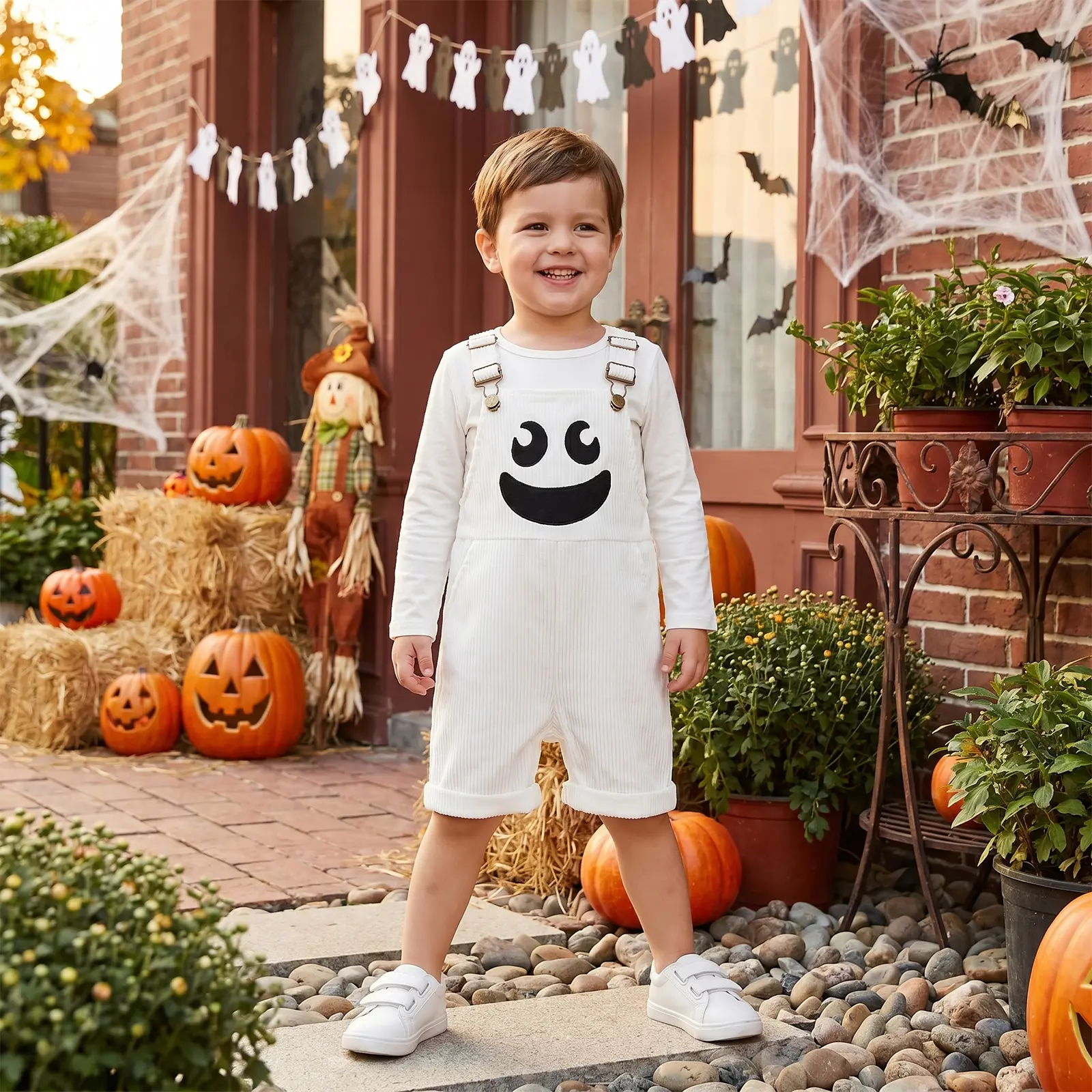 Toddler Halloween Ribbed Pocket Ghost Pumpkin Overalls