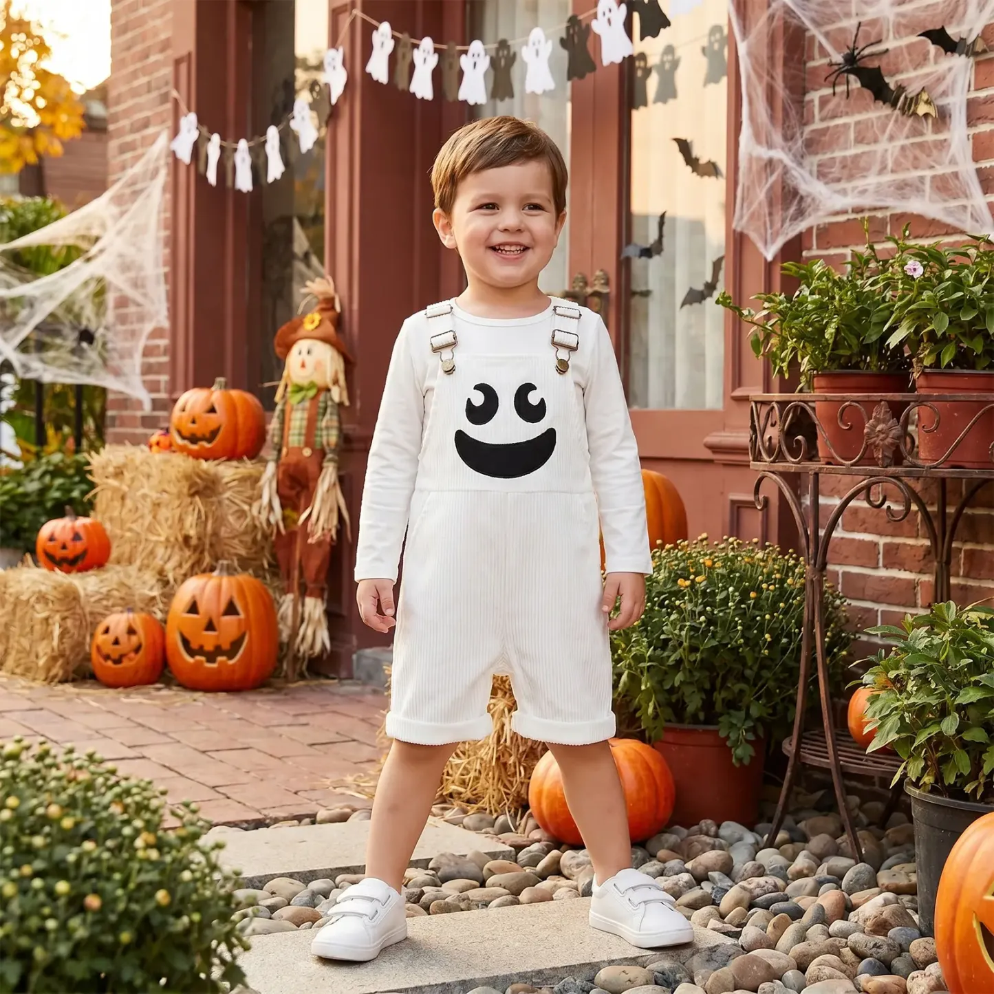 Toddler Halloween Ribbed Pocket Ghost Pumpkin Overalls