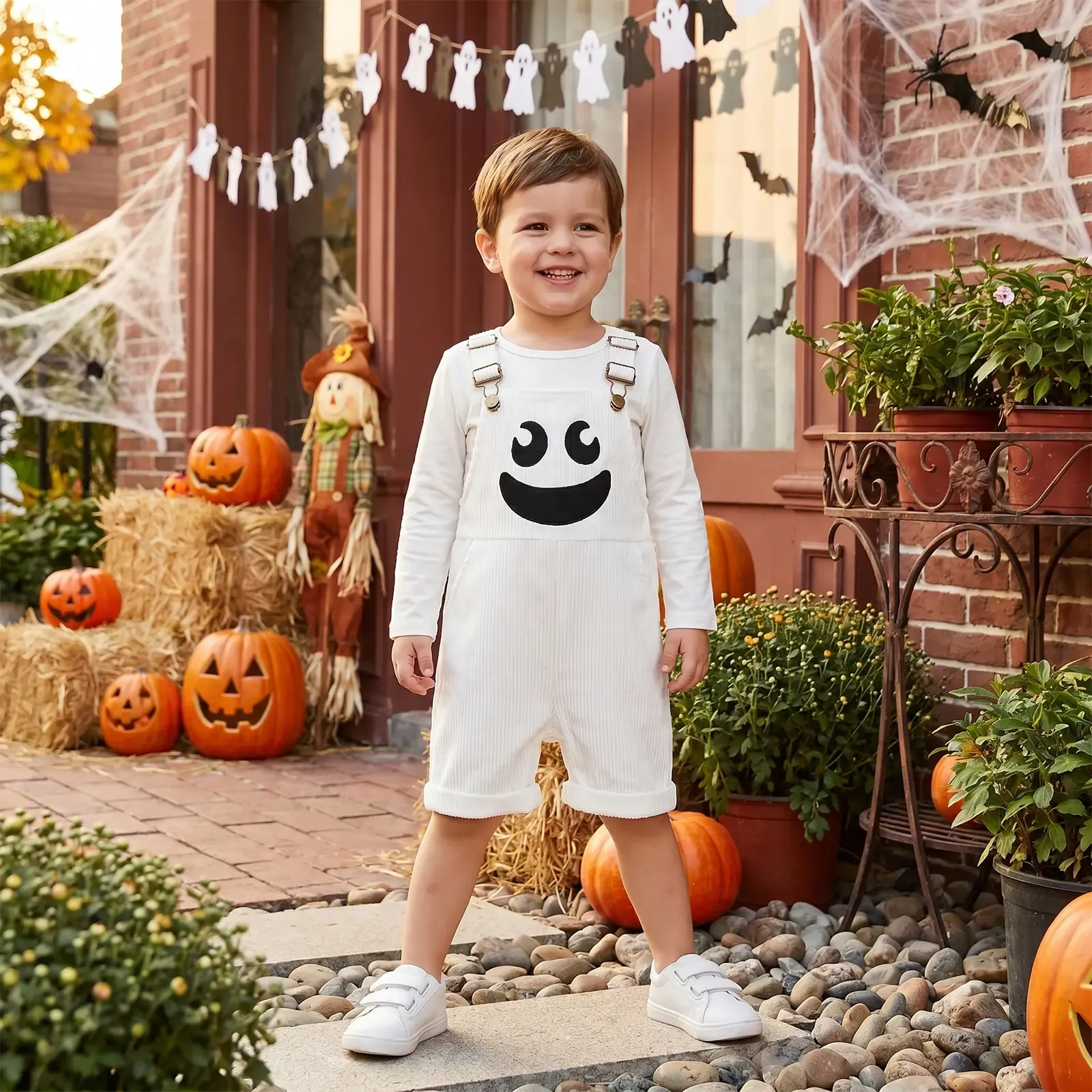 Toddler Halloween Ribbed Pocket Ghost Pumpkin Overalls