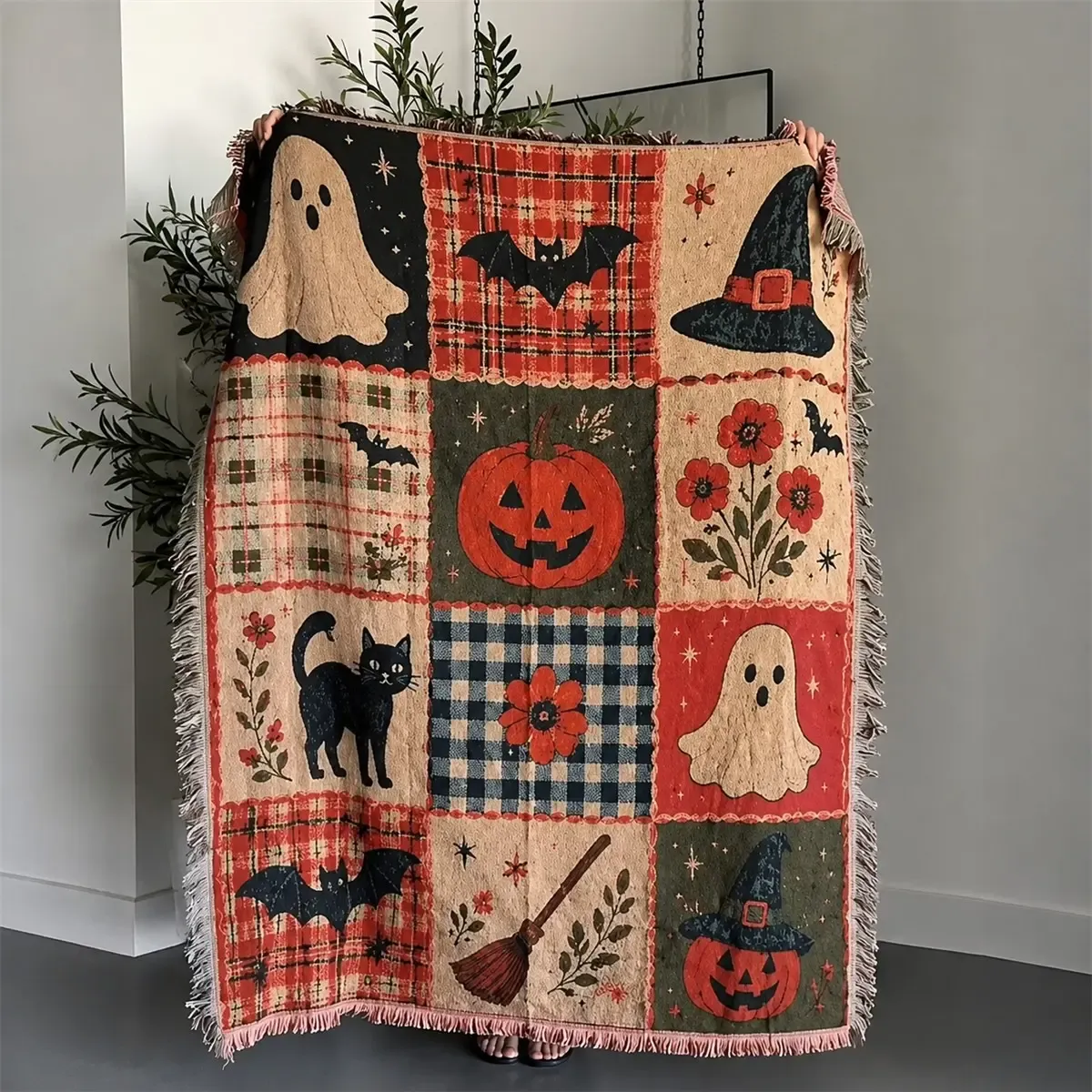 Halloween Woven Home Decor Pumpkin Cat Blanket
