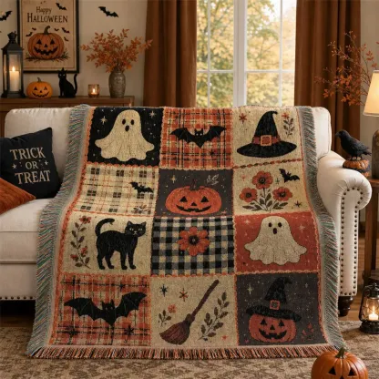Halloween Woven Home Decor Pumpkin Cat Blanket