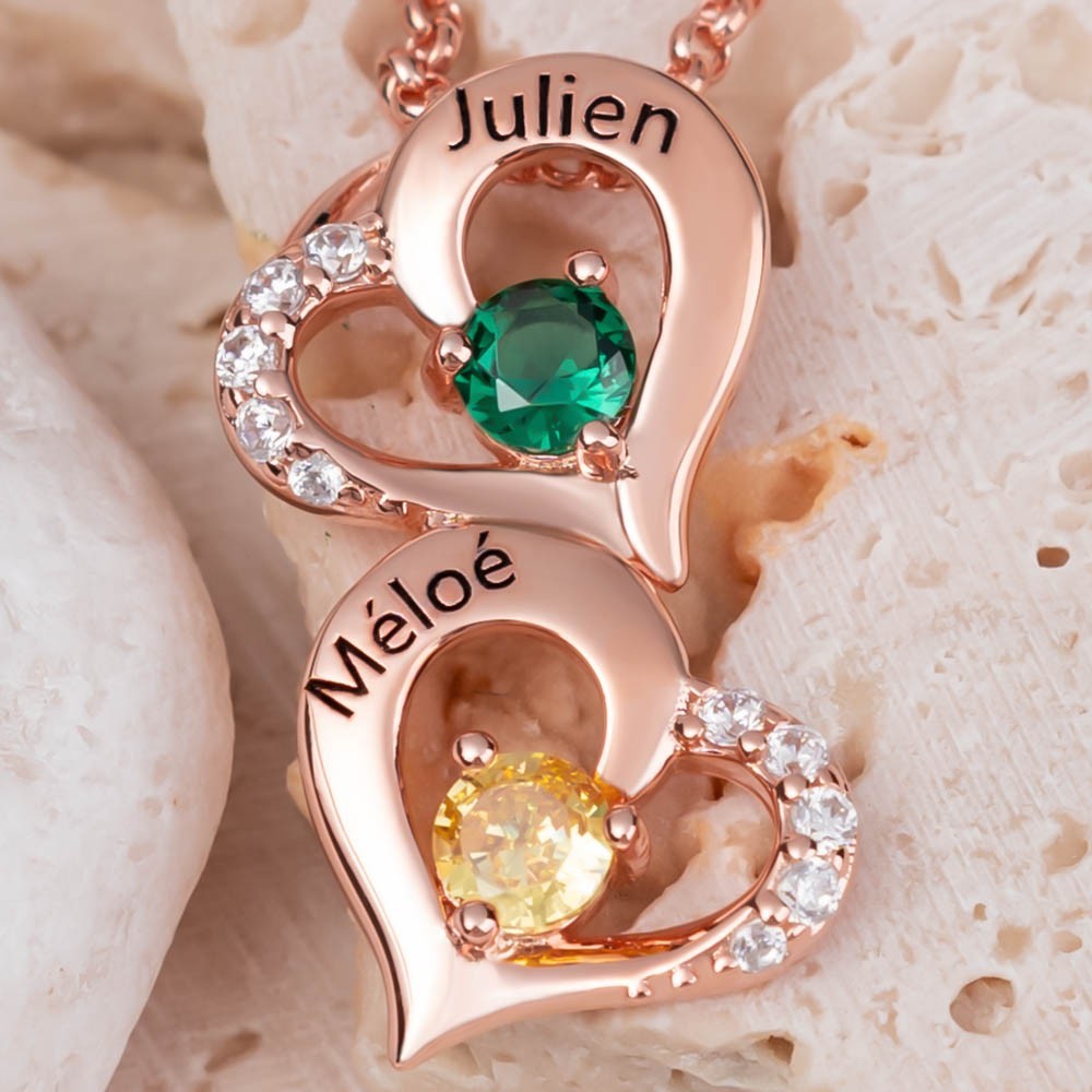 Personalized 2 Hearts Necklaces With Name and Birthstone