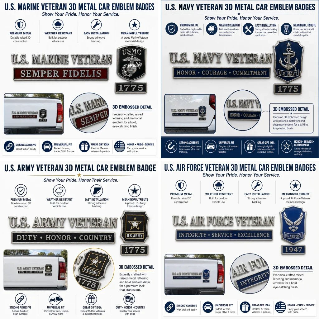 U.S. Military Veteran 3D Metal Car Emblem Badge Collection