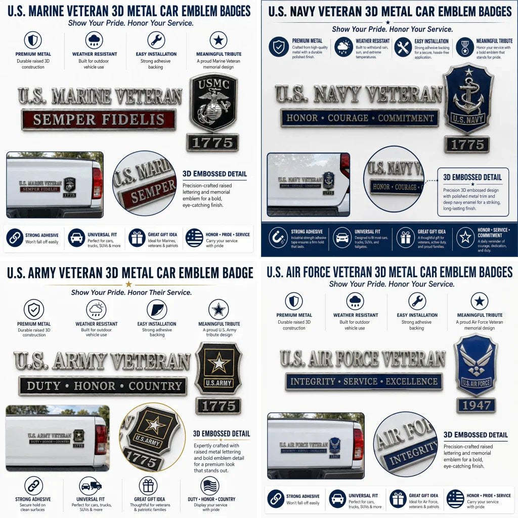 U.S. Military Veteran 3D Metal Car Emblem Badge Collection