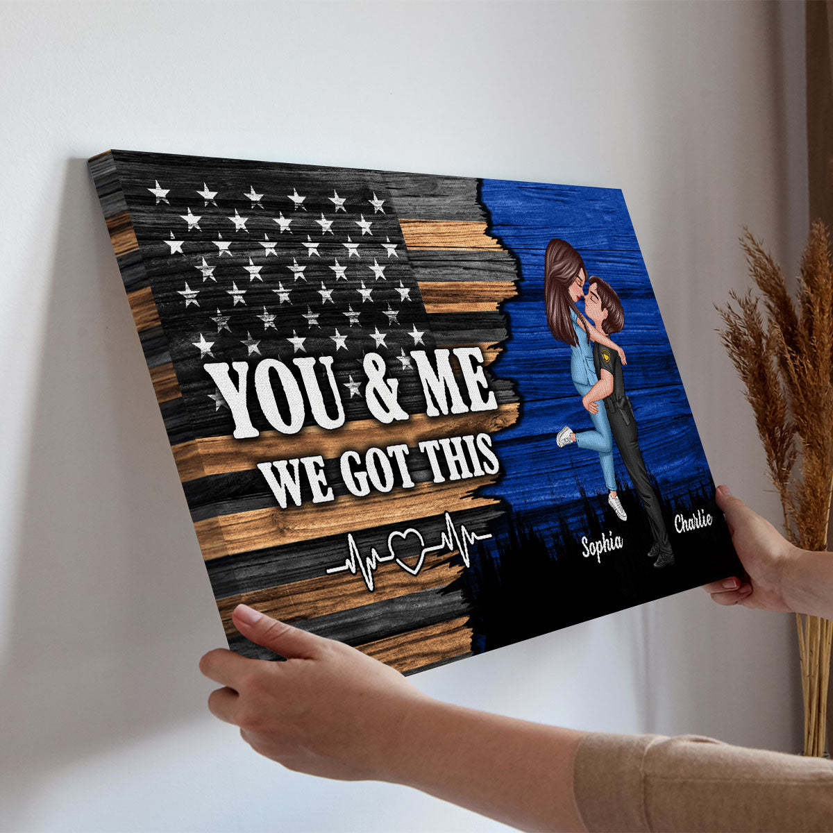 Hero Couple Nation Flag Gift by Occupation For Her, For Him Personalized Canvas