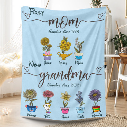 Personalized First Mom Now Grandma Birth Month Flower Blanket