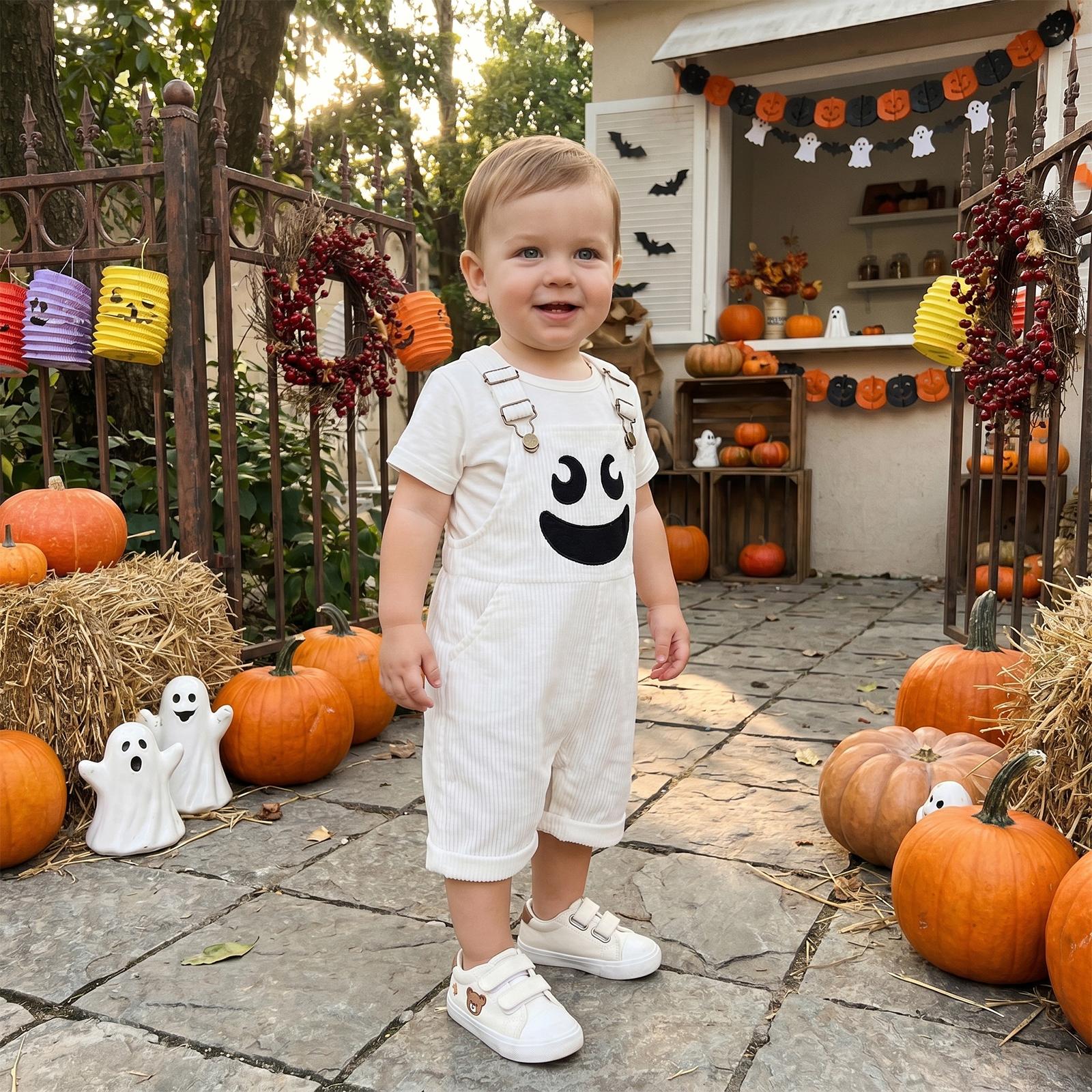 Toddler Baby Boy Halloween Overalls with Pockets Ribbed Devil Face Pattern Sleeveless Jumpsuit